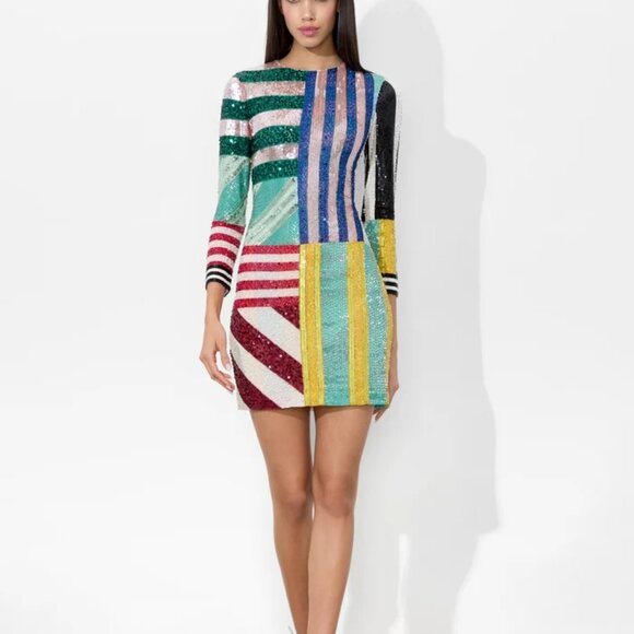 ALICE + OLIVIA Delora sequin and bead-embellished mini dress stripe Size 2 - Picture 1 of 15